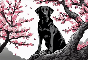 Silouette of a black lab sitting under a cherry blossom tree. Wrist size tattoo idea