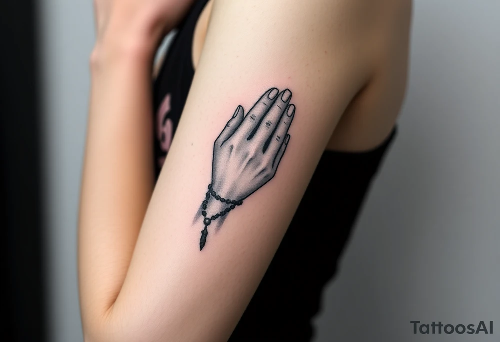 Woman praying with rosary in hands tattoo idea