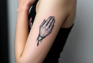 Woman praying with rosary in hands tattoo idea