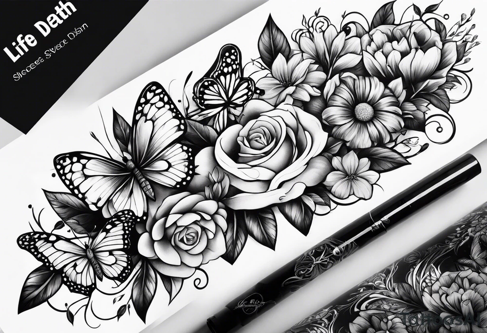 Life to death sleeve with butterflies and flowers tattoo idea