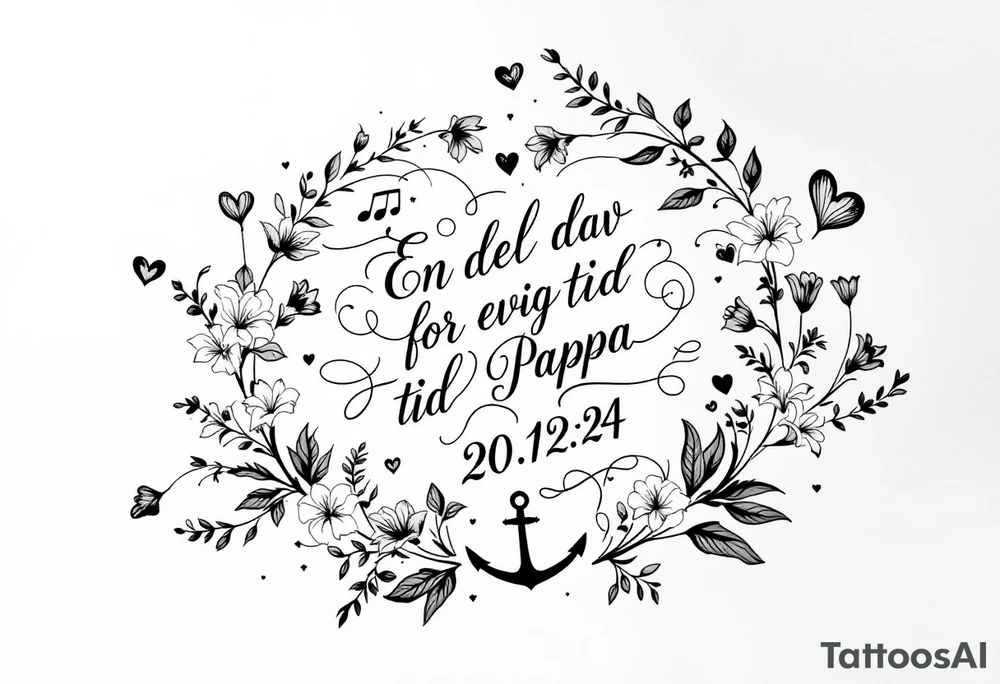 «En del av deg for evig tid
Pappa 20.12.24» Surrounded by long gladiolus, hearts, notes and an anchor tattoo idea