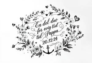 «En del av deg for evig tid
Pappa 20.12.24» Surrounded by long gladiolus, hearts, notes and an anchor tattoo idea