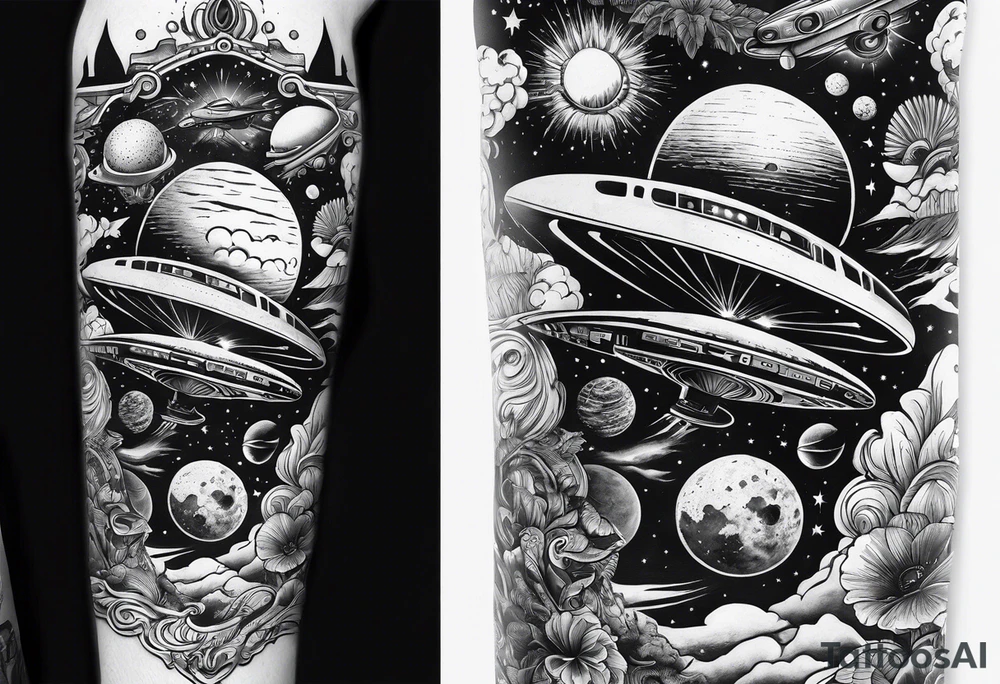 space themed arm sleeve with aliens ufos airplanes and rockets tattoo idea