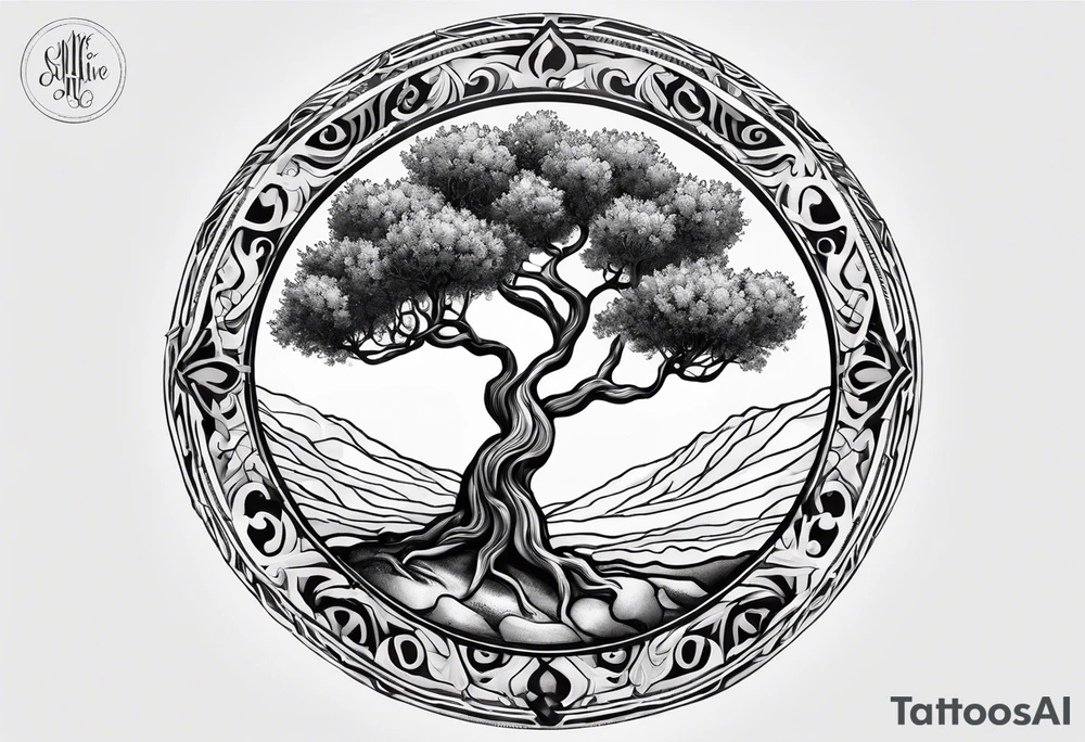 an olive tree inside a psychedelic circle tattoo idea