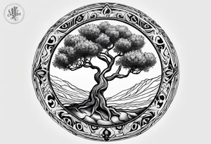 an olive tree inside a psychedelic circle tattoo idea