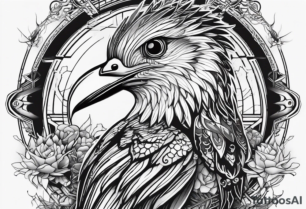 Minimalist Cyberpunk Quetzal that has cybernetic neurons coming from the bottom. tattoo idea