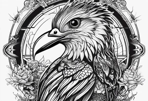 Minimalist Cyberpunk Quetzal that has cybernetic neurons coming from the bottom. tattoo idea