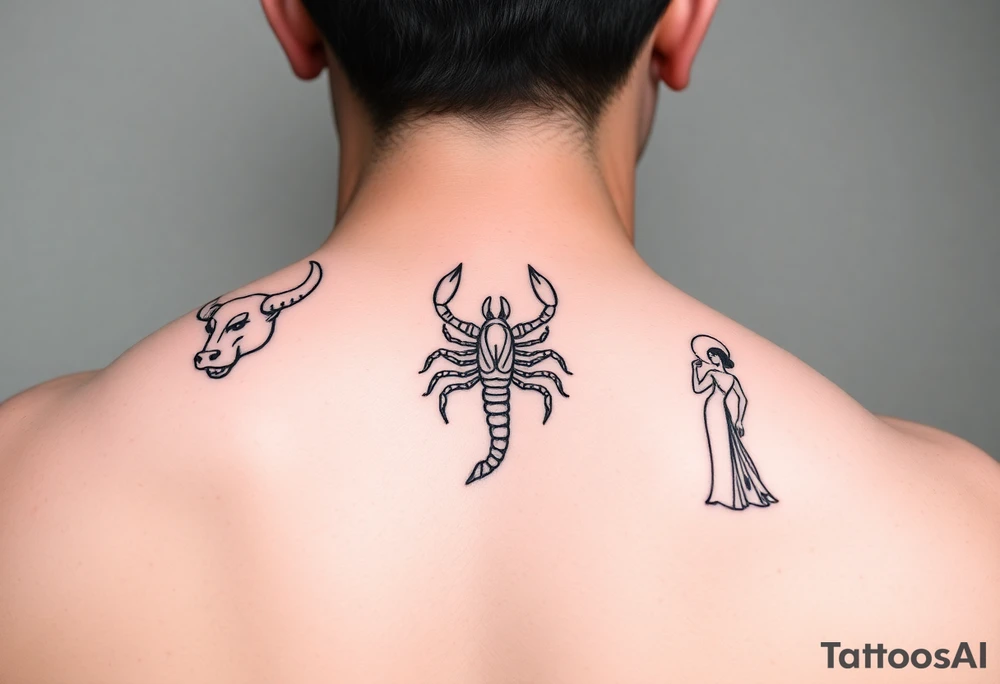Minimalist tattoo design, featuring three distinct figures: a powerful bull, a stylized scorpion, and a graceful maiden (Virgo), fine line art style, black ink, white background, clean contours, no shading, elegant composition, sophisticated masculine aesthetic, high contrast geometric tattoo idea