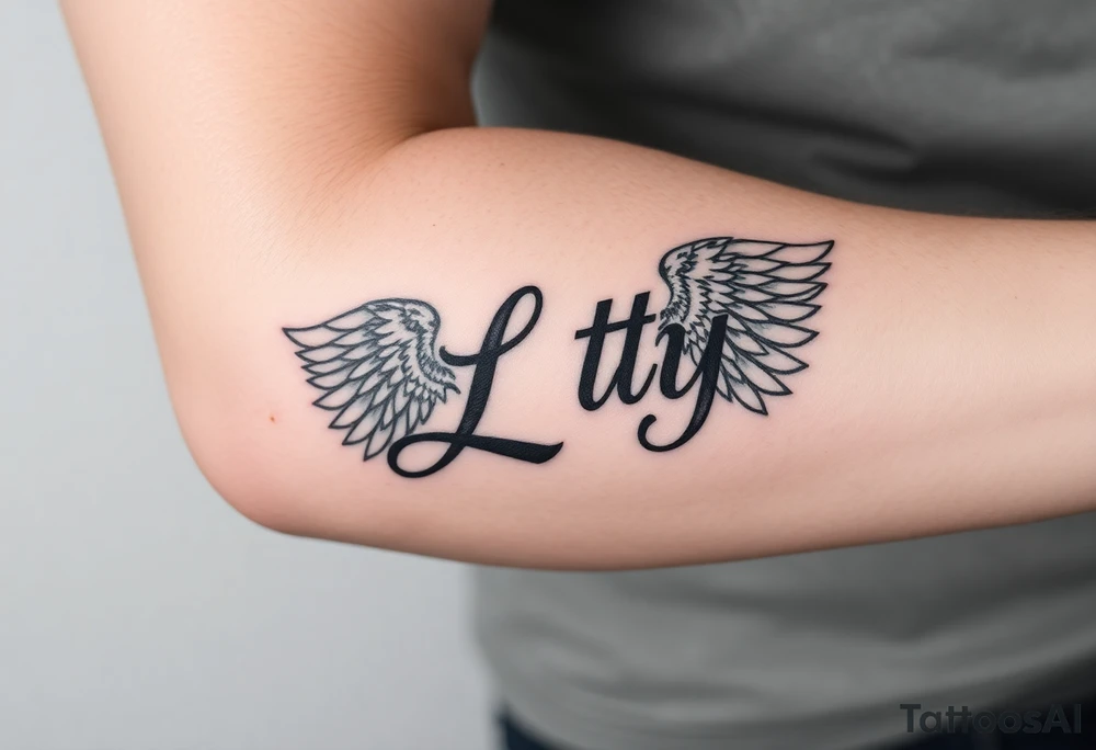 powerful majestic name patty saying LLP and wings around her name tattoo idea