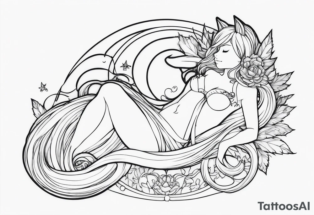No color fairy with a tail inspired by the logo of the anime show called Fairy Tail in a fetal position leaning in and forward while sleeping tattoo idea
