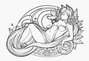 No color fairy with a tail inspired by the logo of the anime show called Fairy Tail in a fetal position leaning in and forward while sleeping tattoo idea
