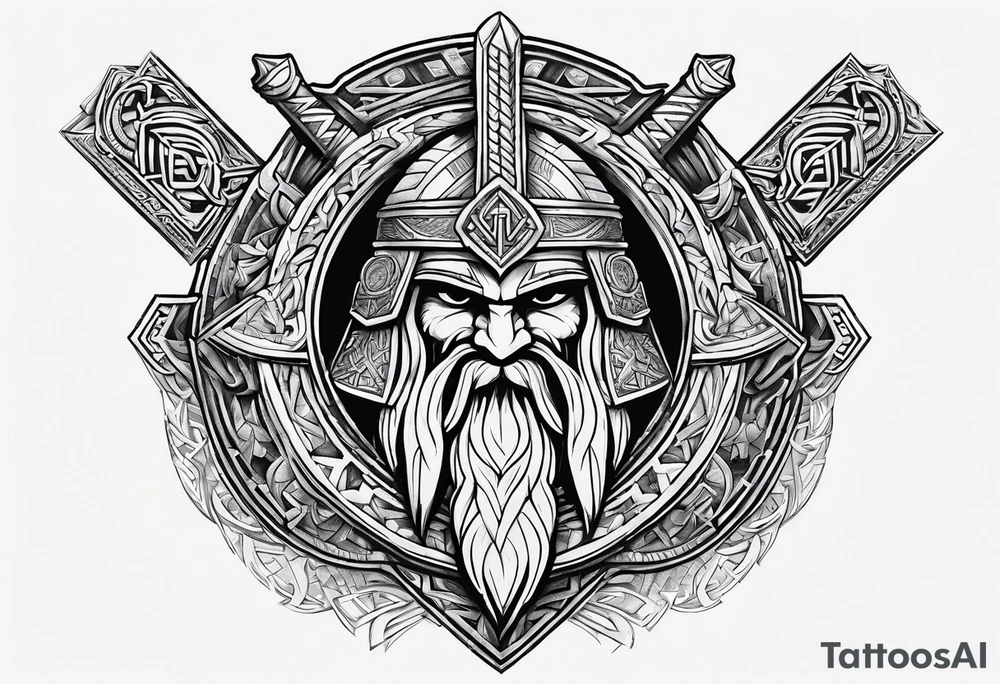 Valhalla sword shield axe Valknut tattoo idea