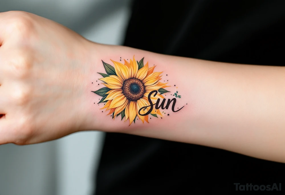 Word "Sun" written with sunflower tattoo idea