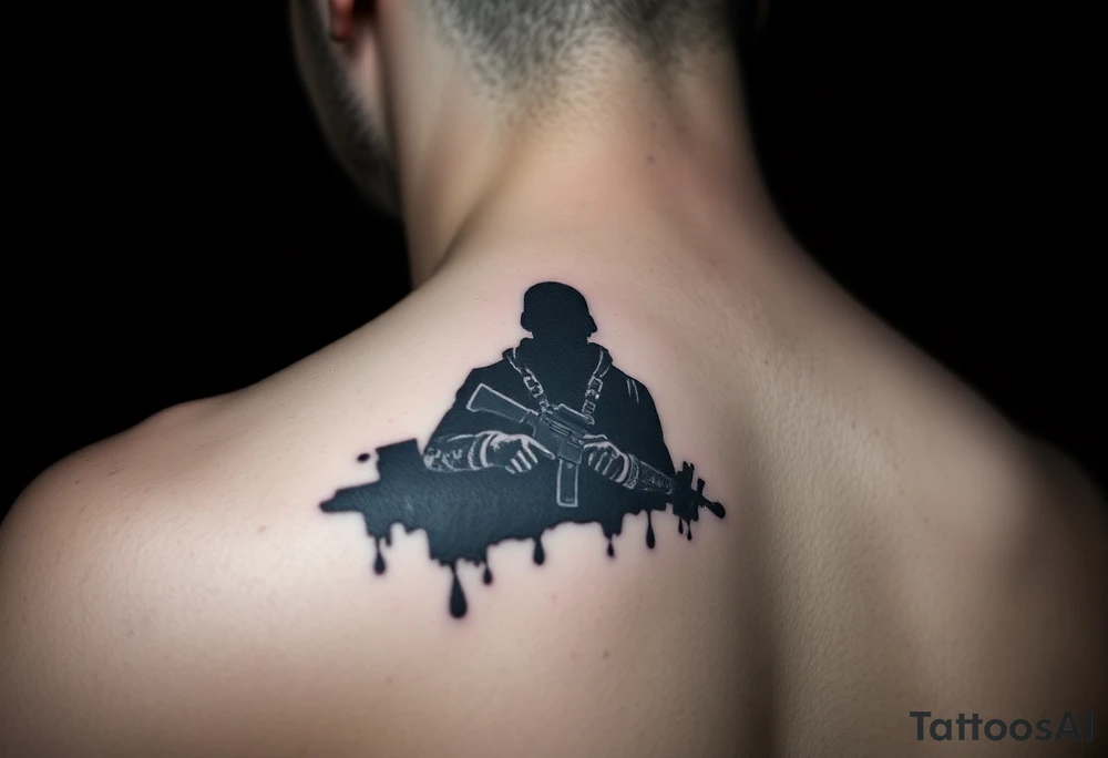 Minimalist covert operative symbolism representing loyalty and survival, faceless soldier silhouette emerging from darkness, torn fabric, subtle scars, controlled posture, black and grey realism, emotional restraint, understated strength, tattoo sleeve element. tattoo idea