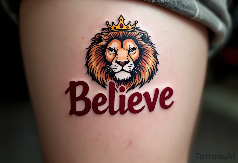 A bold "Believe" in deep crimson, with a crowned lion above it, representing strength and courage in one’s beliefs. tattoo idea
