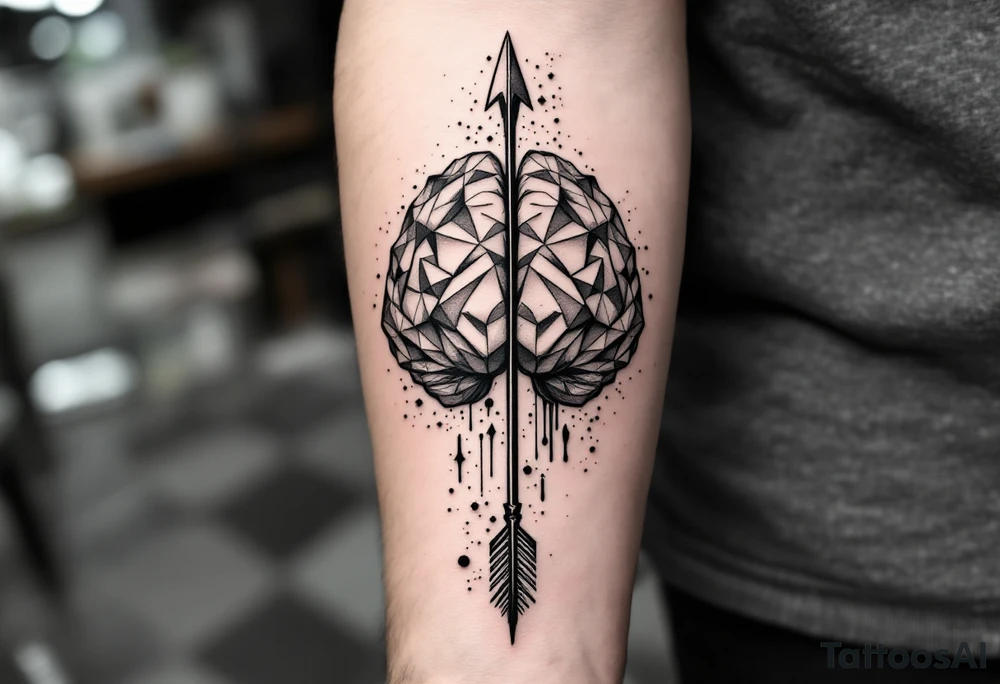 A geometric, vertical, front-seen brain. A detailed arrow crosses from below and exit from the top, with its tip desintegrating to represent entropy and watercolor stains spilled from the arrow. No stars or details around. tattoo idea