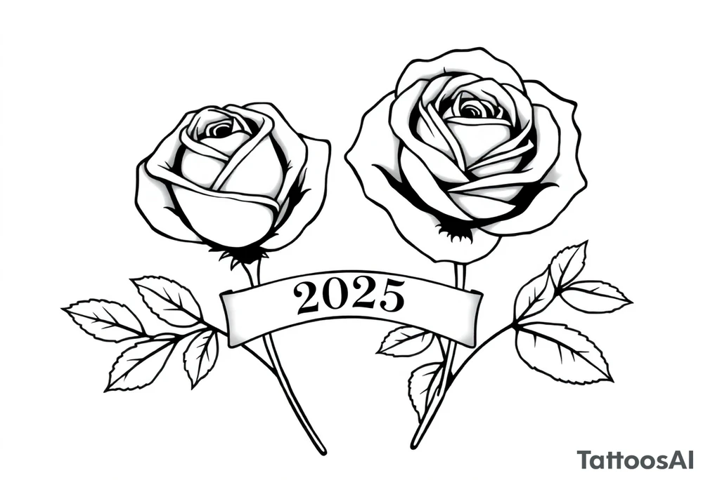 two beautiful large rose buds, one larger than the other, with many leaves next to the rose buds, with one sitting slightly higher than the other, side-by-side.  Include a banner connecting the two roses with the year 2025 on it.   Use dark outlines with little shading. No stems tattoo idea