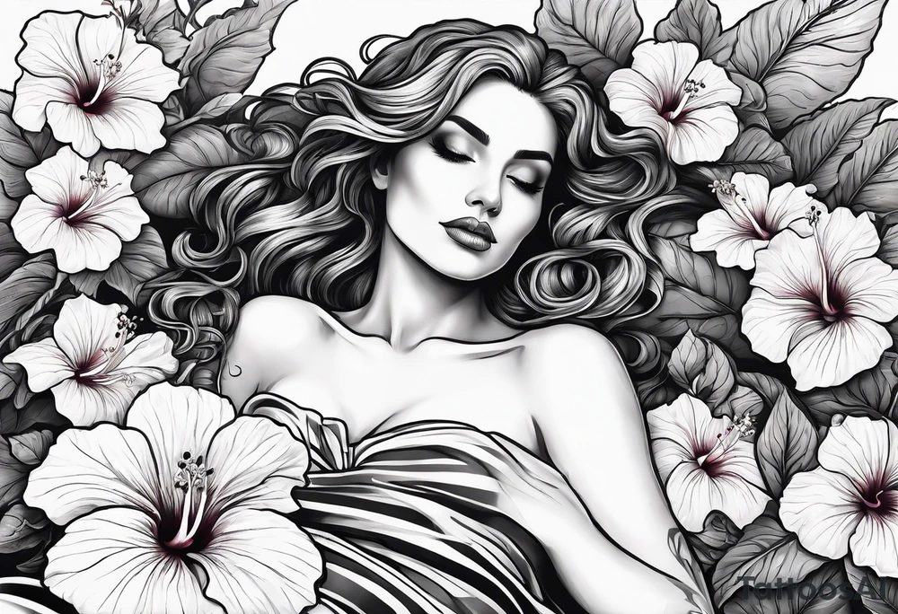 a  female skeleton laying in a bed of hibiscus flower. tattoo idea