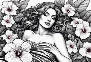 a  female skeleton laying in a bed of hibiscus flower. tattoo idea