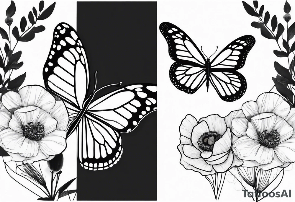 Design a black and white fine line tattoo of a monarch butterfly. The top halves of the wings should be filled with delicate poppy flowers, seamlessly integrated into the wing design. The overall style should be minimalistic and elegant, with clean lines and intricate details. The bottom halves of the wings should remain simple to emphasize the flowers above. tattoo idea