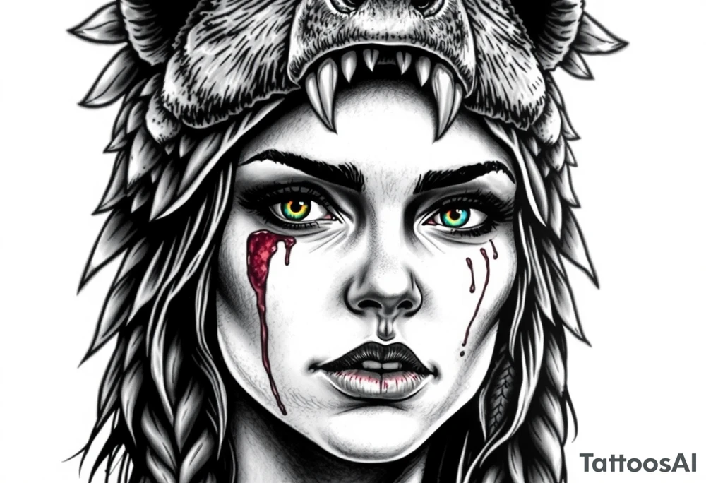 Beautiful Womans with colored eyes, shedding a tear, with battle scars and blood on face, wearing a mean looking bear headdress on head tattoo idea