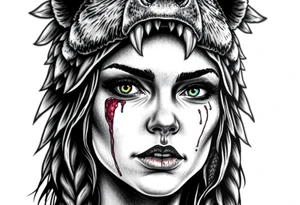 Beautiful Womans with colored eyes, shedding a tear, with battle scars and blood on face, wearing a mean looking bear headdress on head tattoo idea