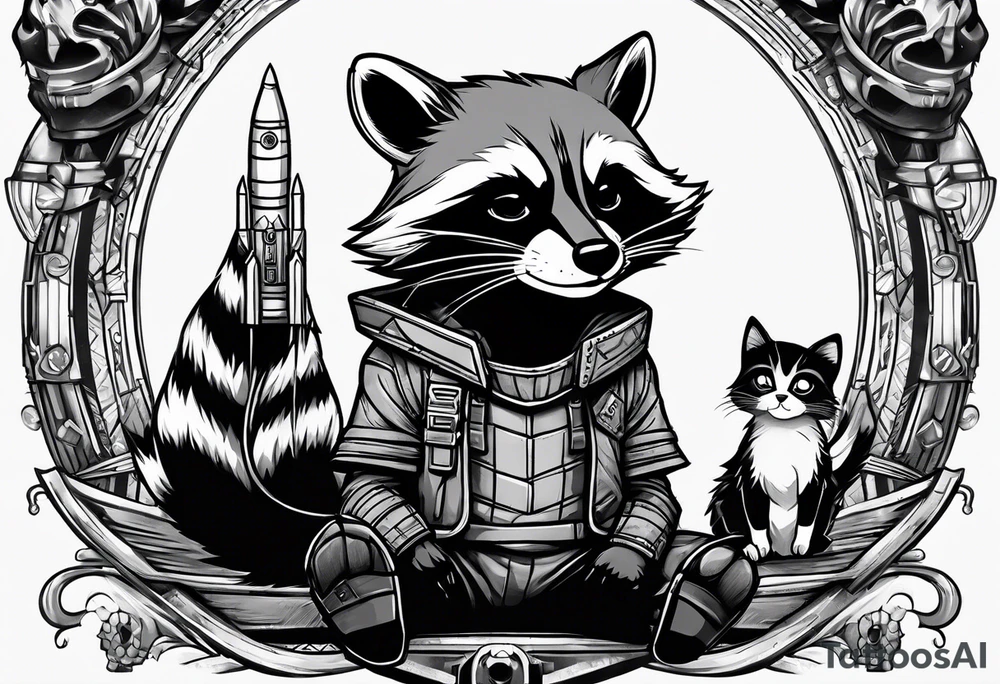 Rocket raccoon sitting with a small black  house cat tattoo idea