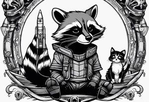 Rocket raccoon sitting with a small black  house cat tattoo idea