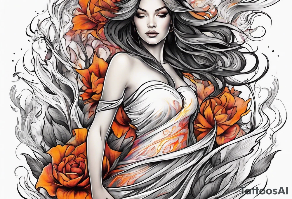 Resurrection Beautiful Woman walking through fire and chaos to inner peace and self-love  ethereal tattoo idea