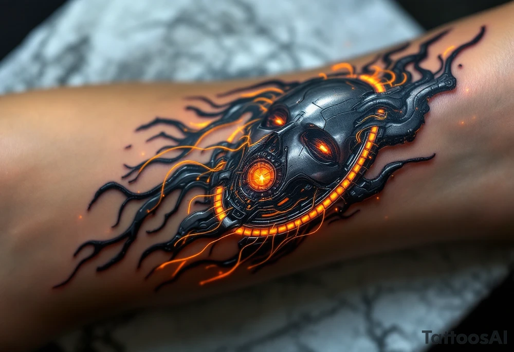 An android full arm design in glossy gunmetal, lit from within by soft amber light trails tattoo idea