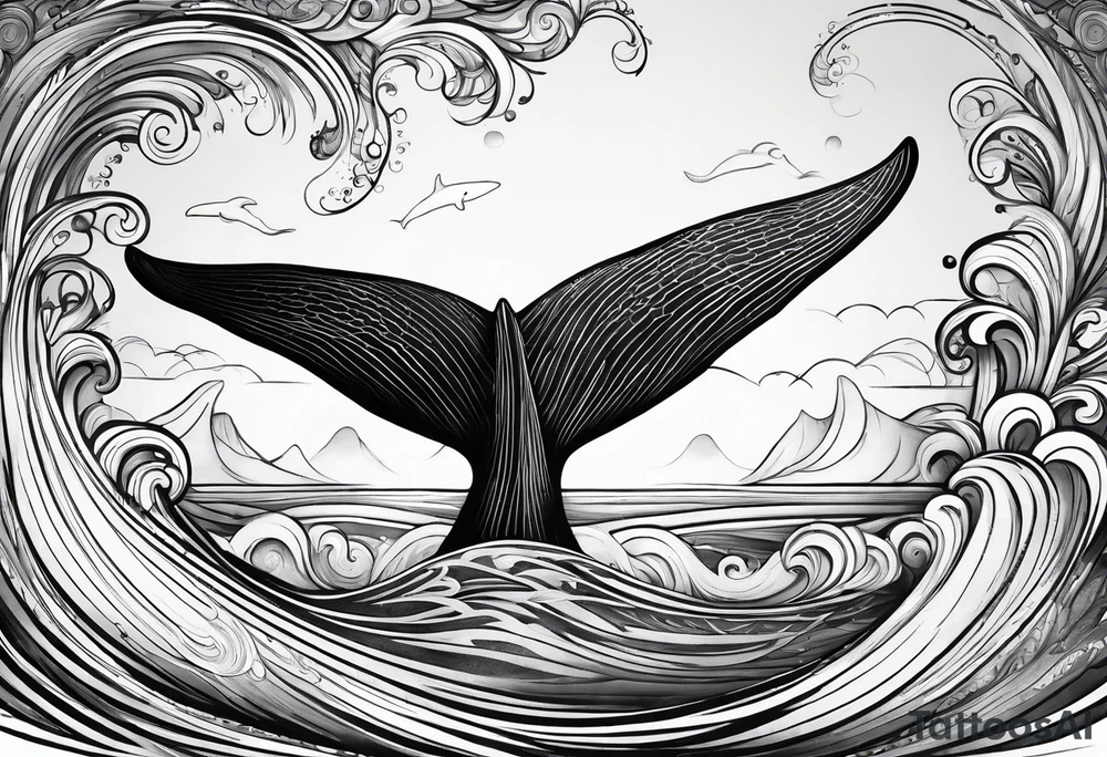 Fine line Whale tail coming out of a wave tattoo idea Fine line Whale tail coming out of a wave tattoo idea