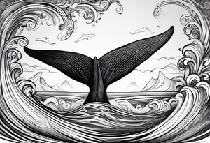 Fine line Whale tail coming out of a wave tattoo idea