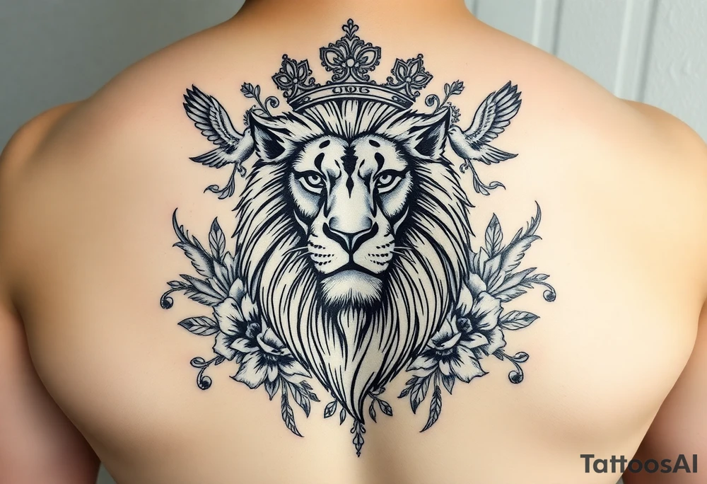 powerful majestic lion with a crown, surrounded by floral ornaments and birds tattoo idea