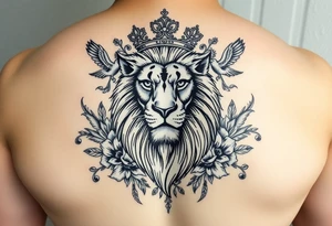 powerful majestic lion with a crown, surrounded by floral ornaments and birds tattoo idea