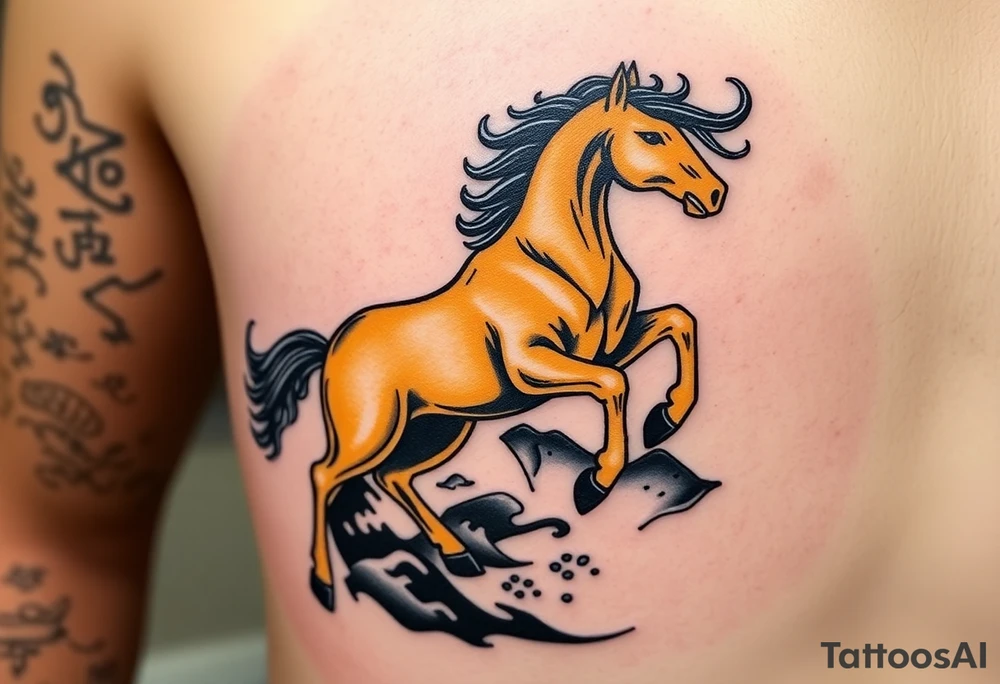 The tattoo represents a supernatural encounter with a golden horse with jet-black fur in the mountains of Choquequirao (Cusco, Peru). This mysterious, fleeting horse symbolizes strength, energy, and spiritual rebirth. It appeared at full speed, its hooves shaking the ground, its breath so powerful it drowned out all other sounds. The narrator felt no fear, only awe as the horse took a perfect curve, muscles tense, radiating power and grace. Its presence transformed the narrator, giving them the energy to complete an exhausting trek and leaving them with a profound connection to something greater. The tattoo aims to capture the essence of this moment: strength, speed, beauty, and the spirit of the mountain. For the design, consider drawing inspiration from Japanese tattoo art, known for its dynamic representation of animals like koi fish and dragons, emphasizing fluidity, movement, and symbolic power. tattoo idea