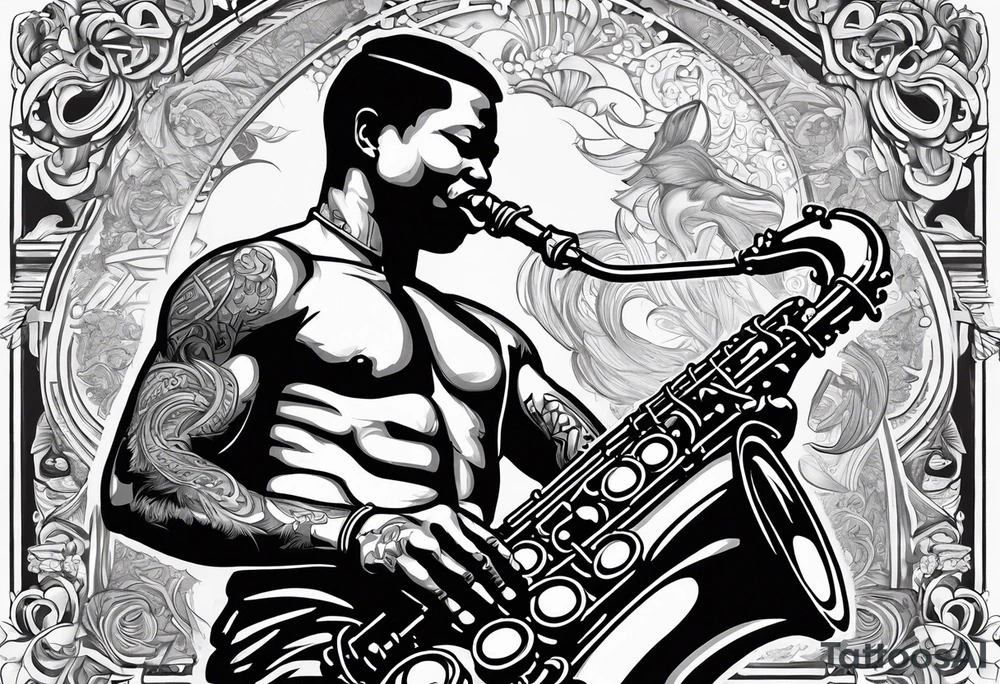 Muay Thai boxer with strong body is playing jazz on a Selmer tenor saxophone in a jazz club front of a jazz trio band. The notes are coming out from the saxophone and turning into buddhist symbols. tattoo idea