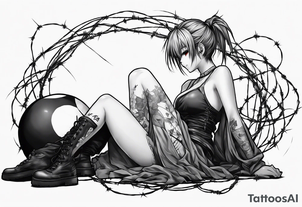 a bleeding anime girl, sitting on a ball, surrounded by barbed wire tattoo idea
