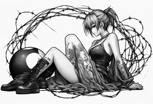 a bleeding anime girl, sitting on a ball, surrounded by barbed wire tattoo idea
