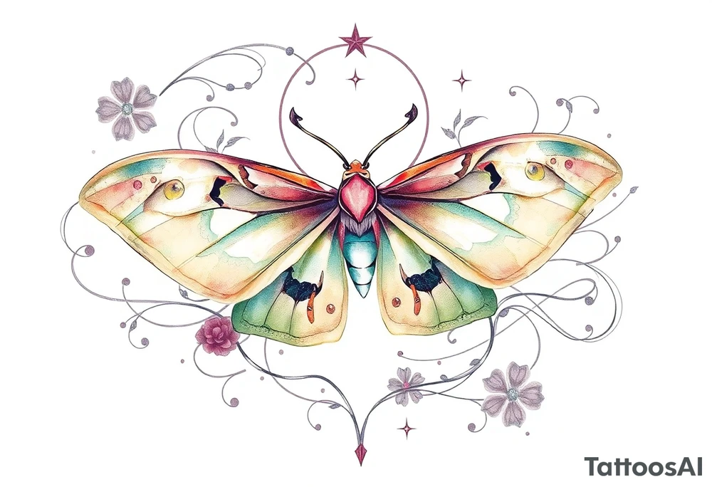 Beautiful Luna moth surrounded by flowing lines and celestial designs tattoo idea