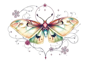 Beautiful Luna moth surrounded by flowing lines and celestial designs tattoo idea