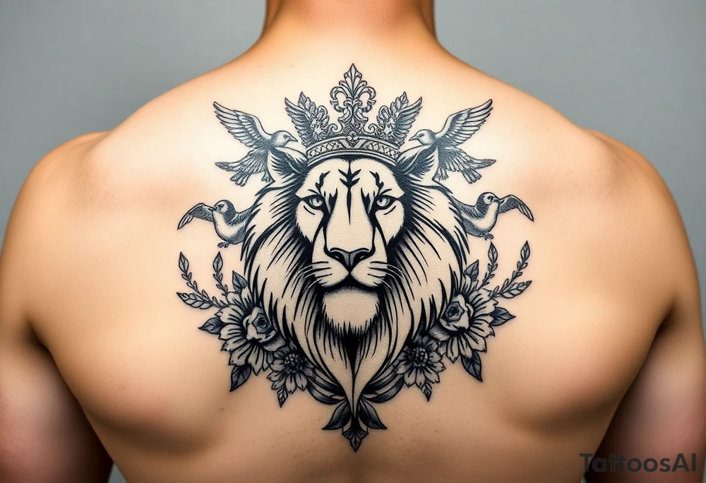 powerful majestic lion with a crown, surrounded by floral ornaments and birds tattoo idea