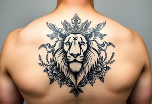 powerful majestic lion with a crown, surrounded by floral ornaments and birds tattoo idea