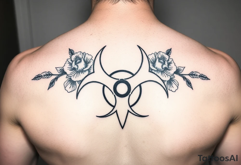 floral biohazard symbol in old school style black ink tattoo idea
