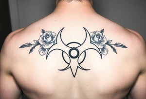 floral biohazard symbol in old school style black ink tattoo idea