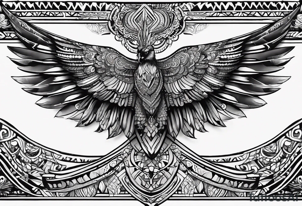a full wing with filigree and african tribal patterns woven through for a sleeve tattoo idea