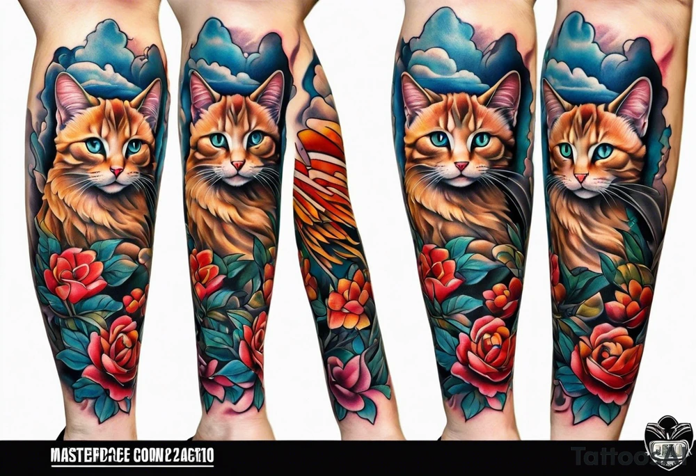 Calf tattoo of an angel cat tattoo idea