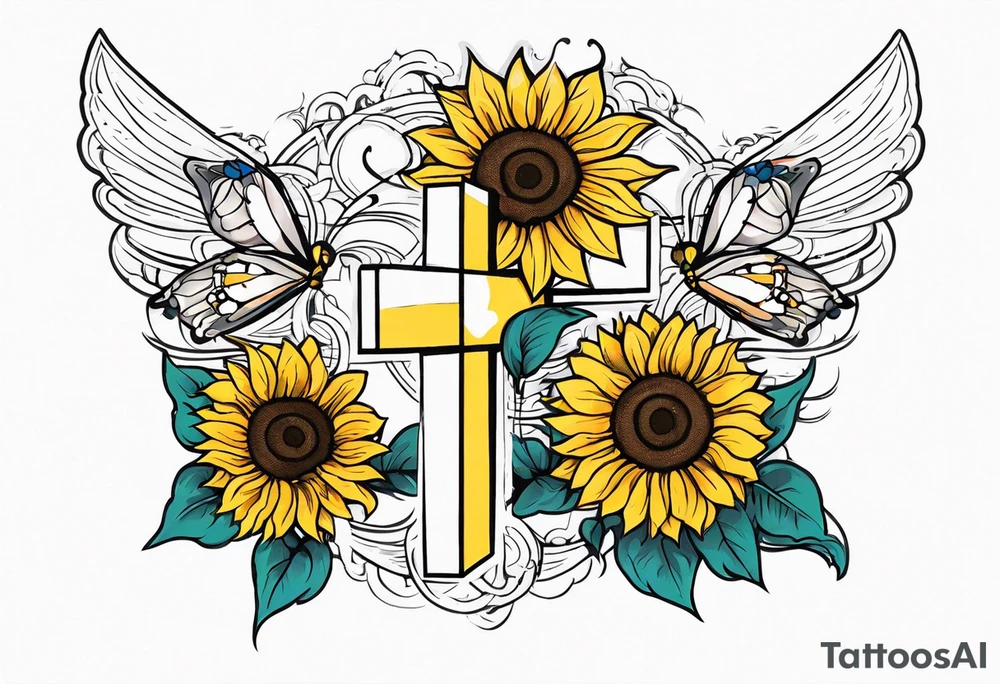 Winged cross with sunflower and butterflies tattoo idea