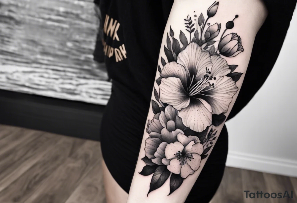 Verticle arm placement of dainty hibiscus, TULIPS, LILLIES, DRAGONflower, with wildflowers, poppy, bees, peony, forearm tattoo idea