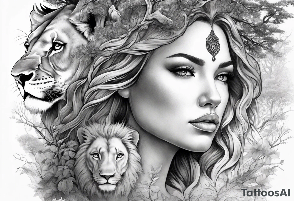 Forest goddess looking down side profile  tree branches forming into her face with full male lions head facing her as to protect her middle arm sleeve tattoo idea