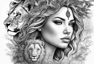 Forest goddess looking down side profile  tree branches forming into her face with full male lions head facing her as to protect her middle arm sleeve tattoo idea